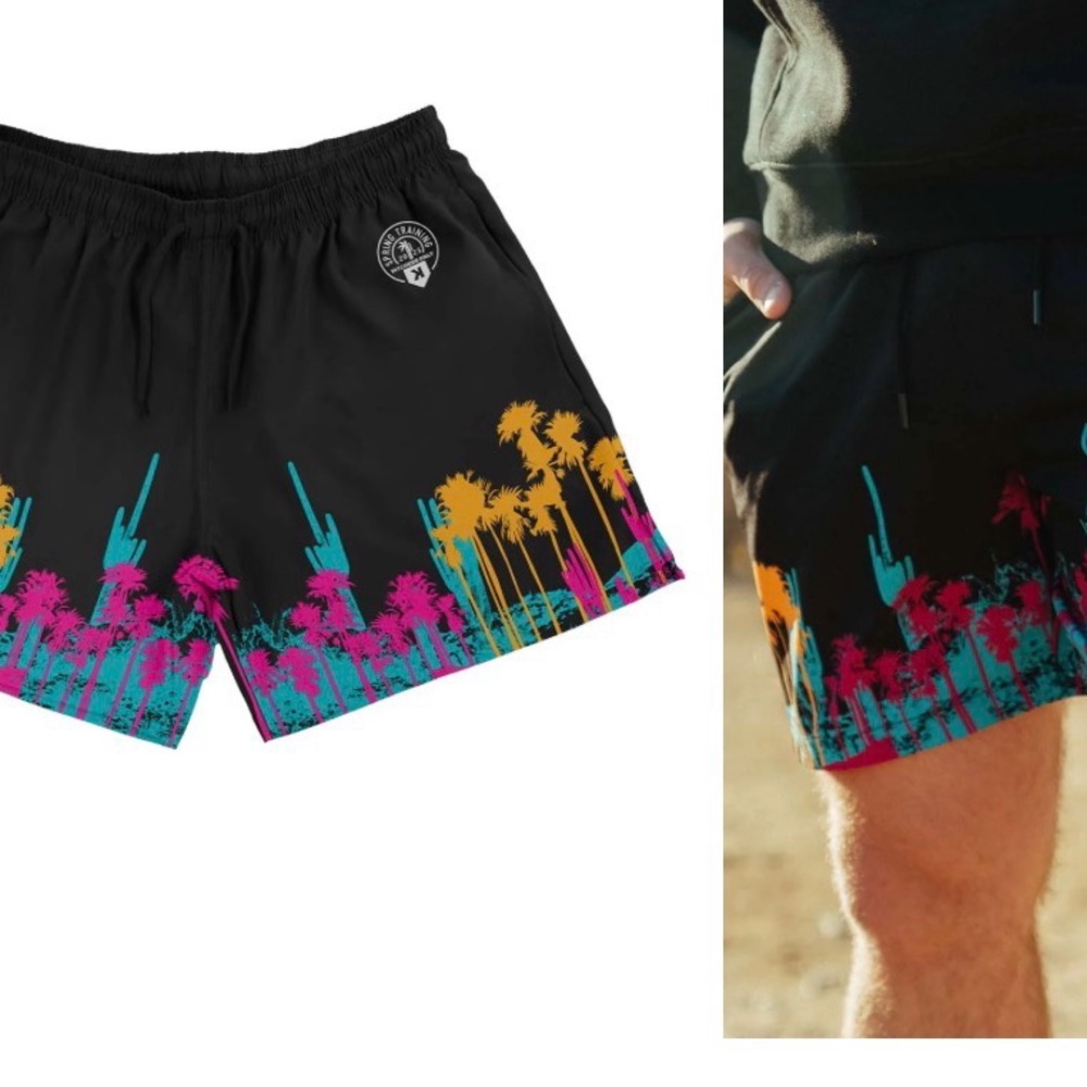 Vibrant Black Men's Athletic Shorts with Palm Tree Design